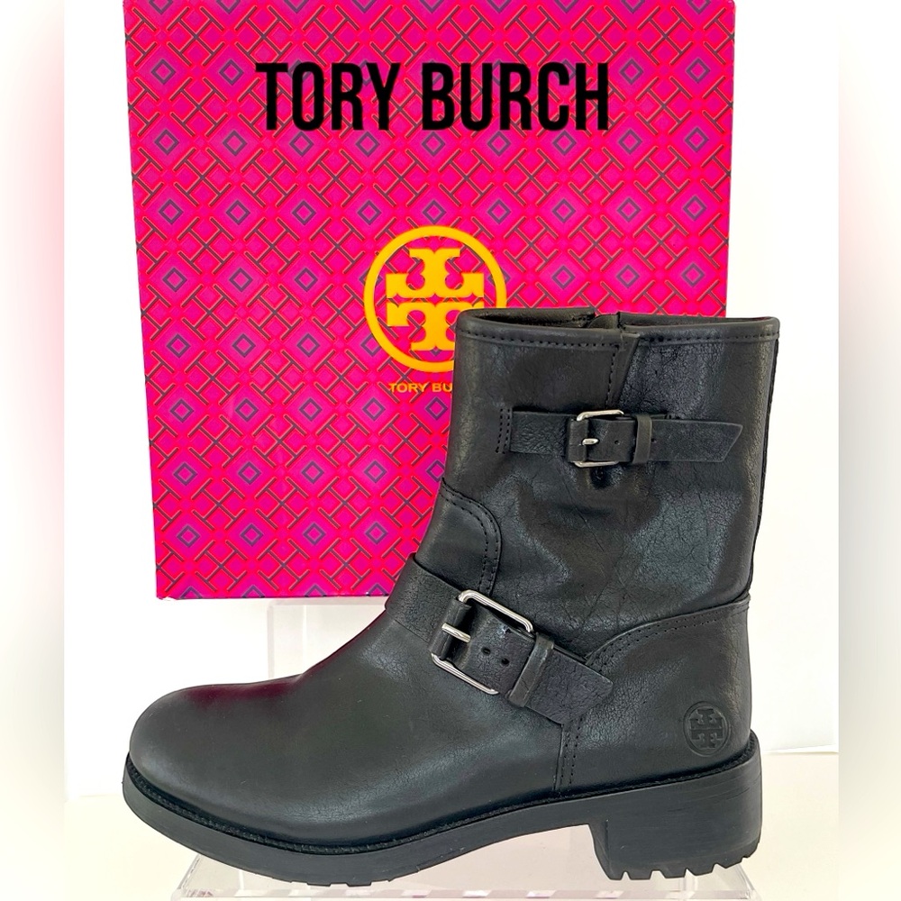 Tory Burch Side Buckle Biker Ankle Boots in Black Leather Size 9M